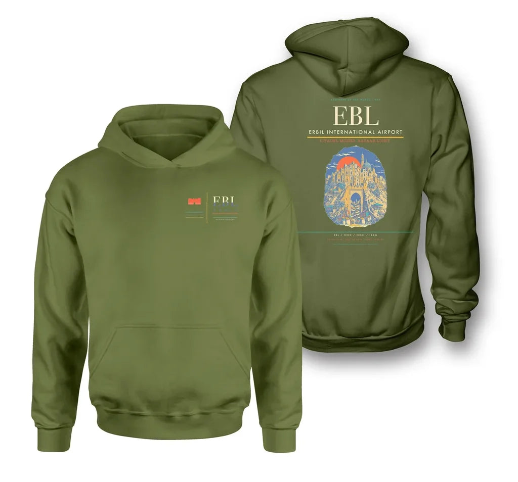Erbil International Airport (EBL) design on green army double-side hoodie