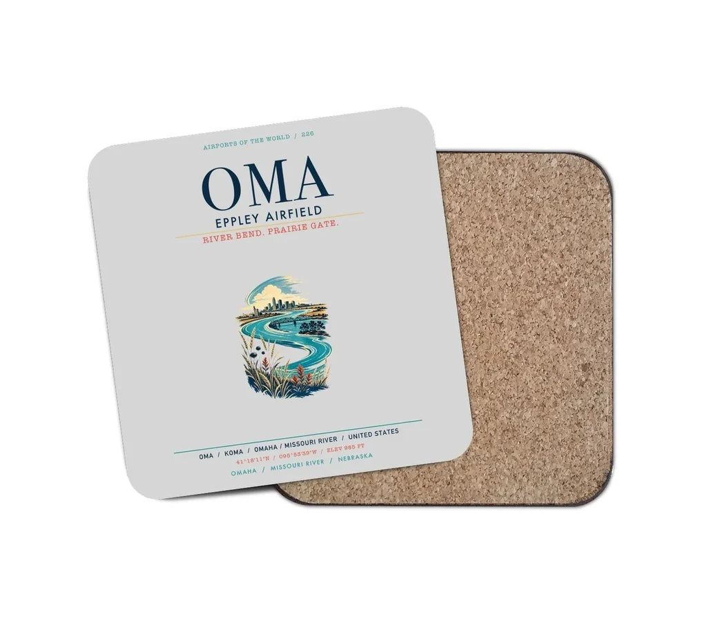 Omaha Eppley Airfield (OMA) design on light gray 1 piece coaster