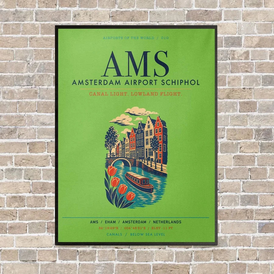 Amsterdam Airport Schiphol AMS vertical canvas print - framed - light green background