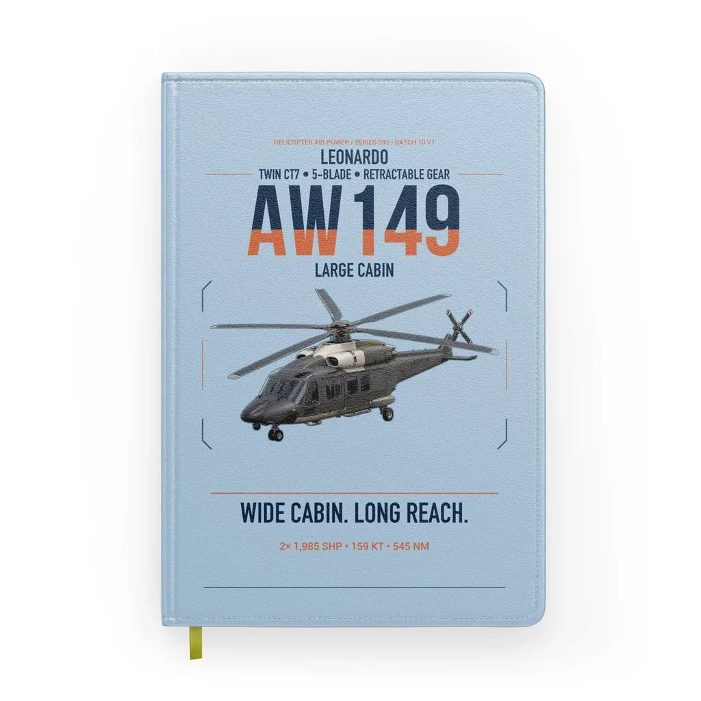 Leonardo AW149 design on light blue notebook