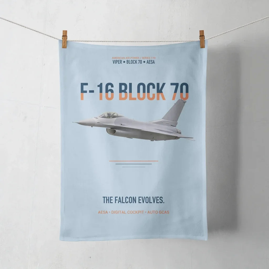 F-16 Block 70 The Falcon Evolves design on light blue towel
