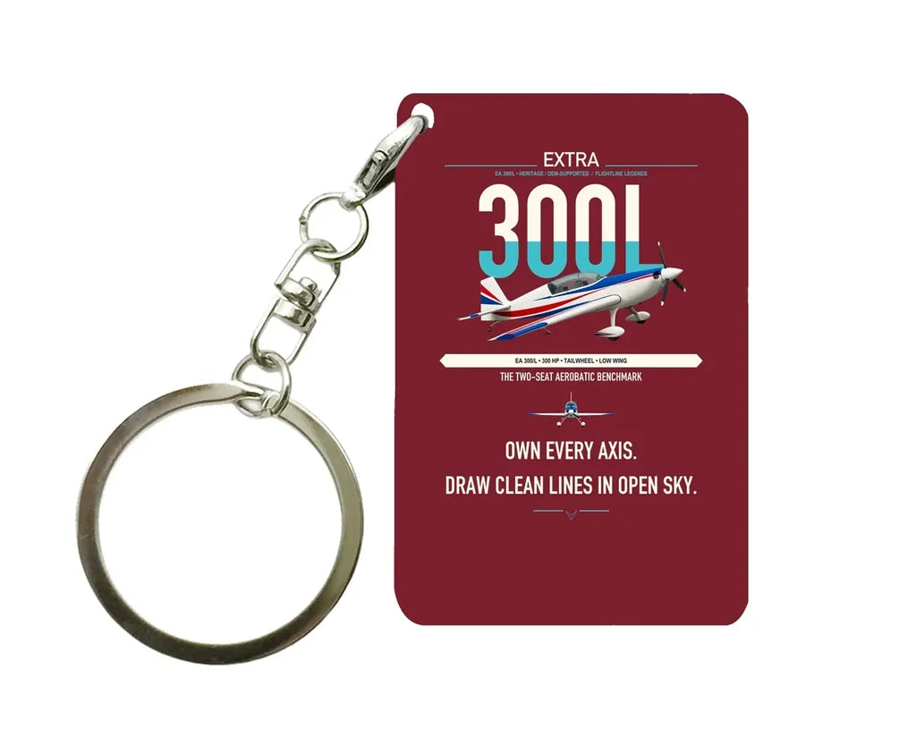 Extra 300L design on dark red designed key chain, double-side print