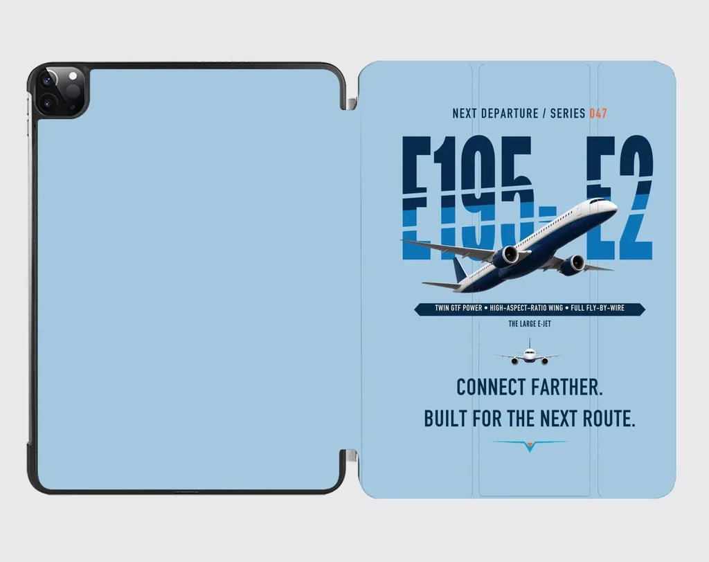 Embraer E195-E2 design on light blue ipad tablet case