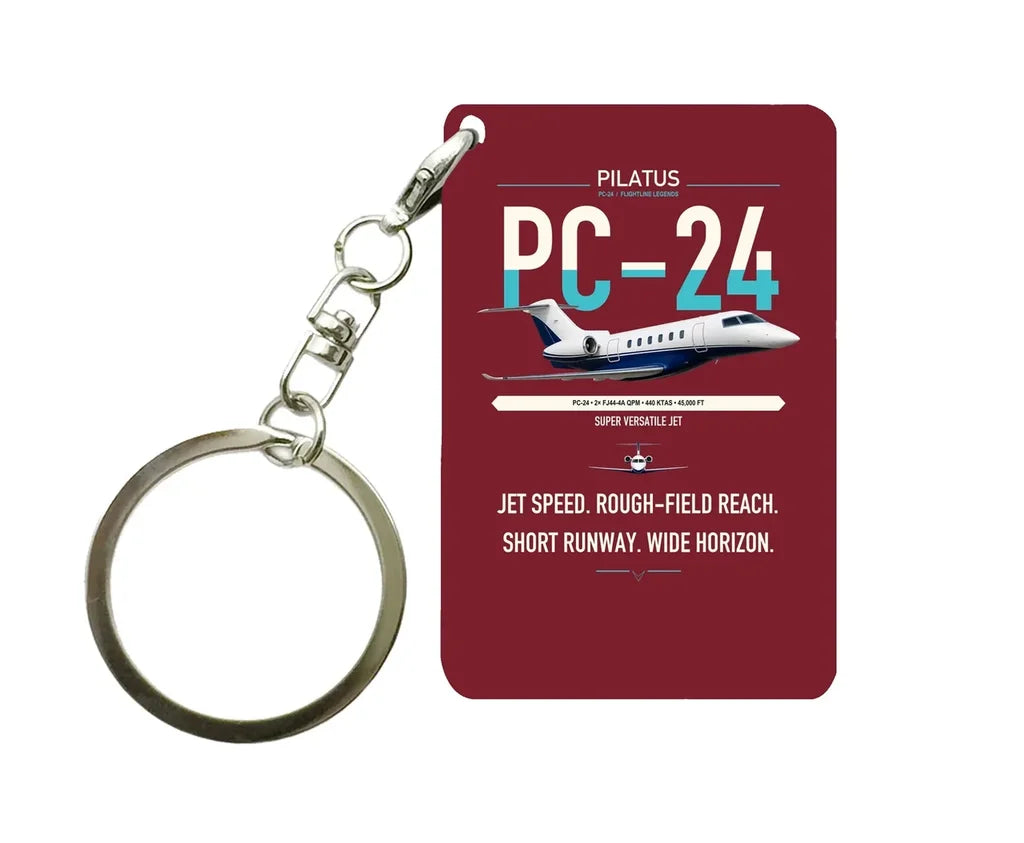 Pilatus PC-24 design on dark red designed key chain, double-side print