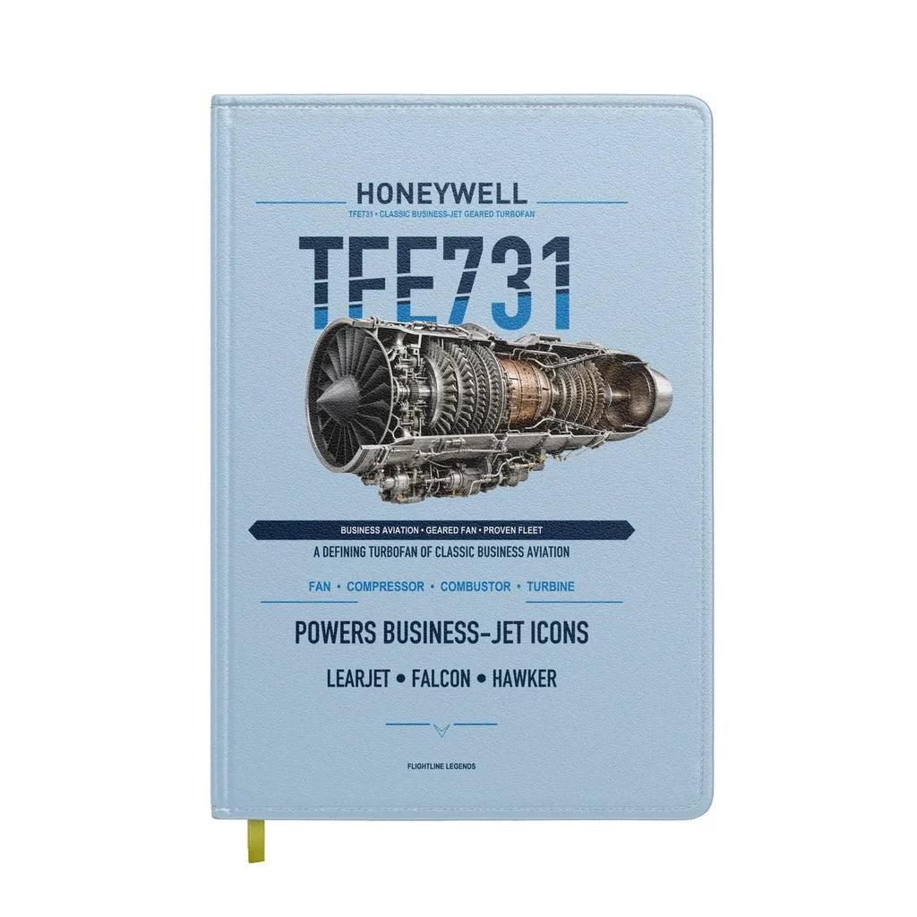 TFE731 design on light blue notebook