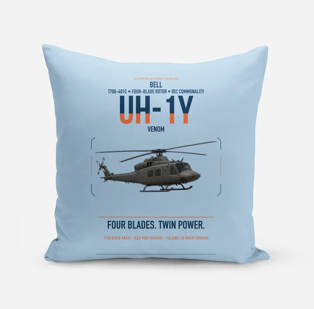 Bell UH-1Y Venom design on light blue pillow
