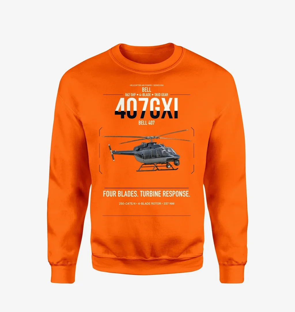 Bell 407GXi design on orange sweatshirt