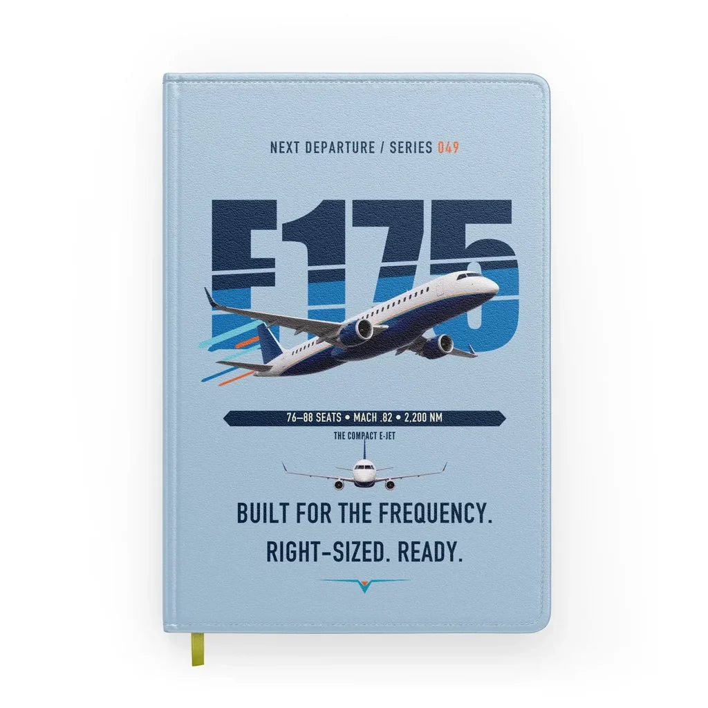 Embraer E175 design on light blue notebook