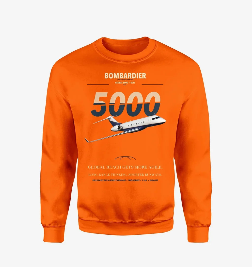 Bombardier Global 5000 design on orange sweatshirt