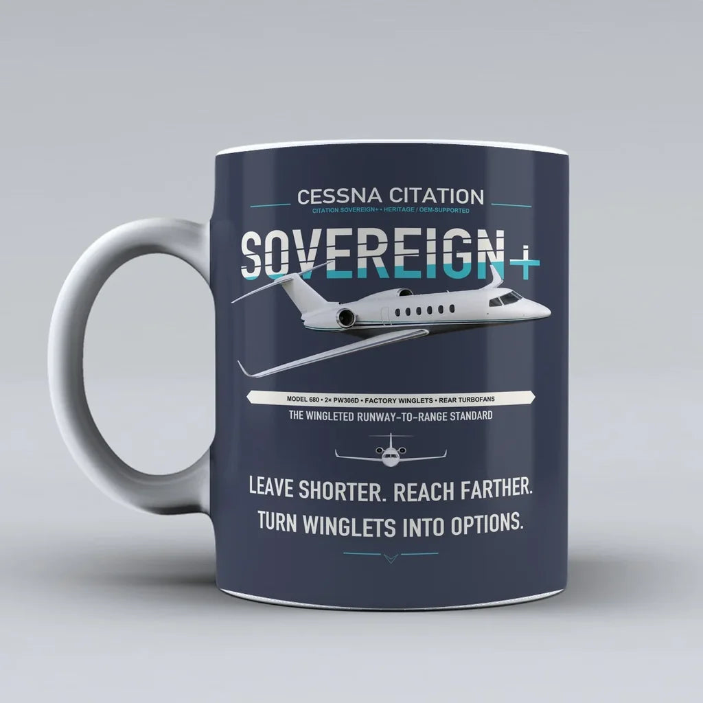 Cessna Citation Sovereign+ design on dark blue ceramic mug, double-side print