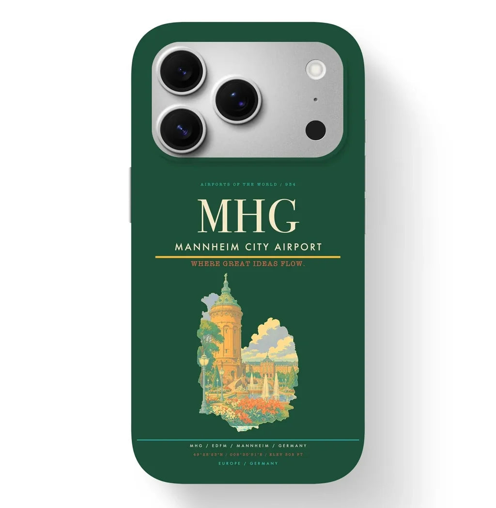 Mannheim Airport (MHG) design on dark green iPhone 17 Pro MagSafe case