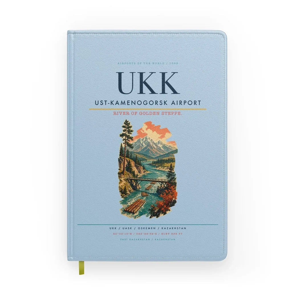 Ust-Kamenogorsk Airport (UKK) design on light blue notebook