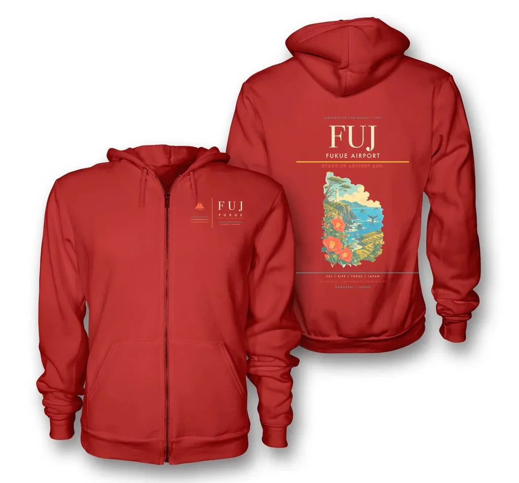 Fukue Airport (FUJ) design on red premium zipped hoodie