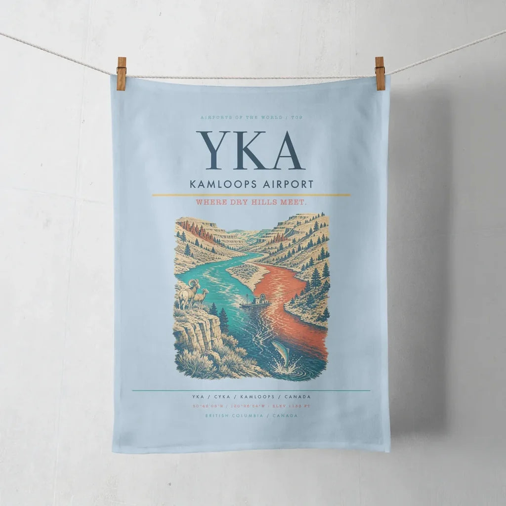 Kamloops Airport (YKA) design on light blue towel