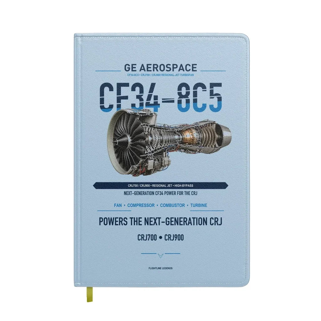 CF34-8C5 design on light blue notebook