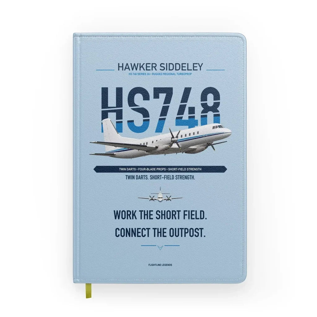 Hawker Siddeley HS 748 Series 2A design on light blue notebook