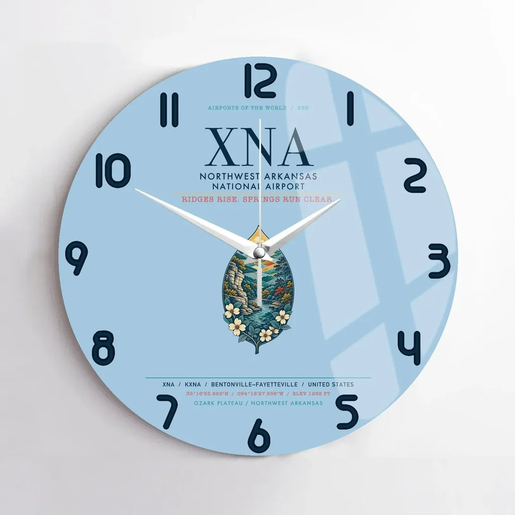 Northwest Arkansas National Airport (XNA) design on light blue no frame wall clock