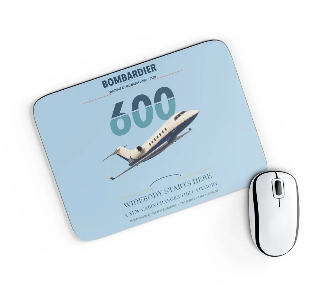 Bombardier Challenger 600 design on light blue rectangle mouse pad