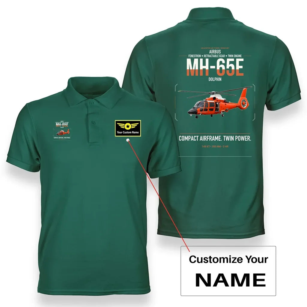 Airbus MH-65E Dolphin design on green+name double-side polo t-shirt, double-side print