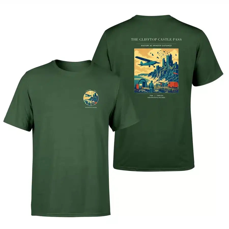 VINTAGE G4447 - The Clifftop Castle Pass - Double-Side T-Shirt design on darkgreen double side t shirt