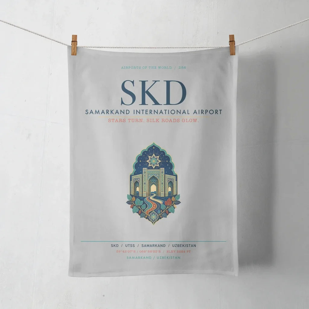 Samarkand International Airport (SKD) design on light gray towel