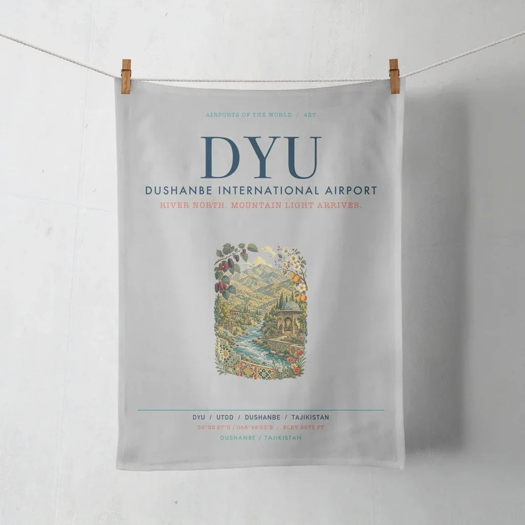 Dushanbe International Airport (DYU) design on light gray towel