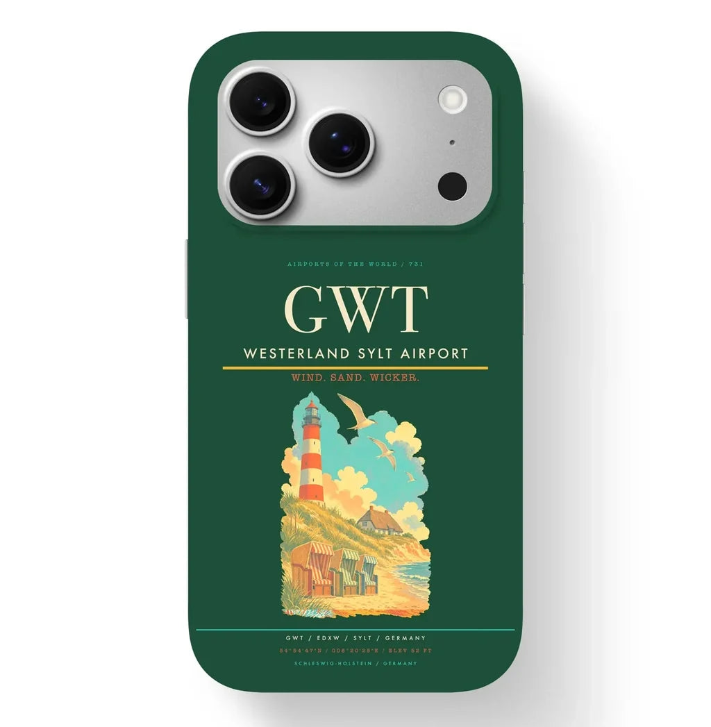 Westerland Airport (GWT) design on dark green iPhone 17 Pro MagSafe case