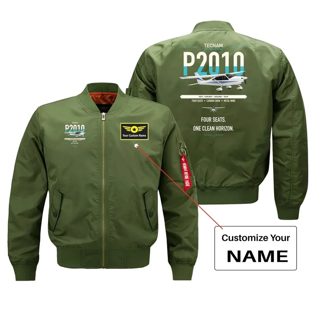 Tecnam P2010 design on green+name bomber jacket, double-side print
