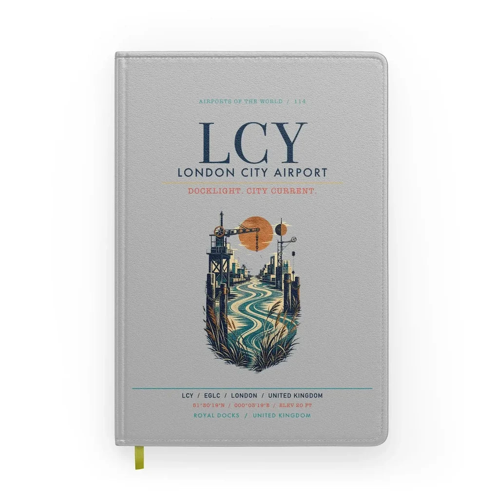 London City Airport (LCY) design on light gray notebook