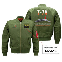 Thumbnail for T-7A Red Hawk design on green+name bomber jacket, double-side print