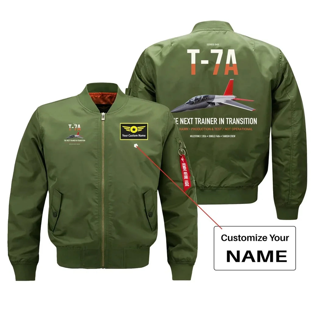 T-7A Red Hawk design on green+name bomber jacket, double-side print
