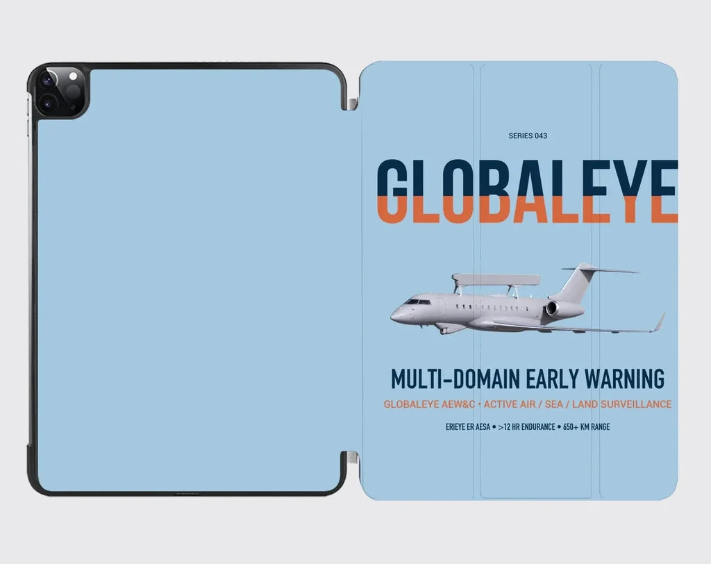 Saab GlobalEye design on light blue ipad tablet case
