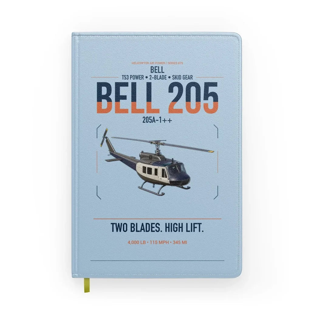 Bell 205A-1++ design on light blue notebook