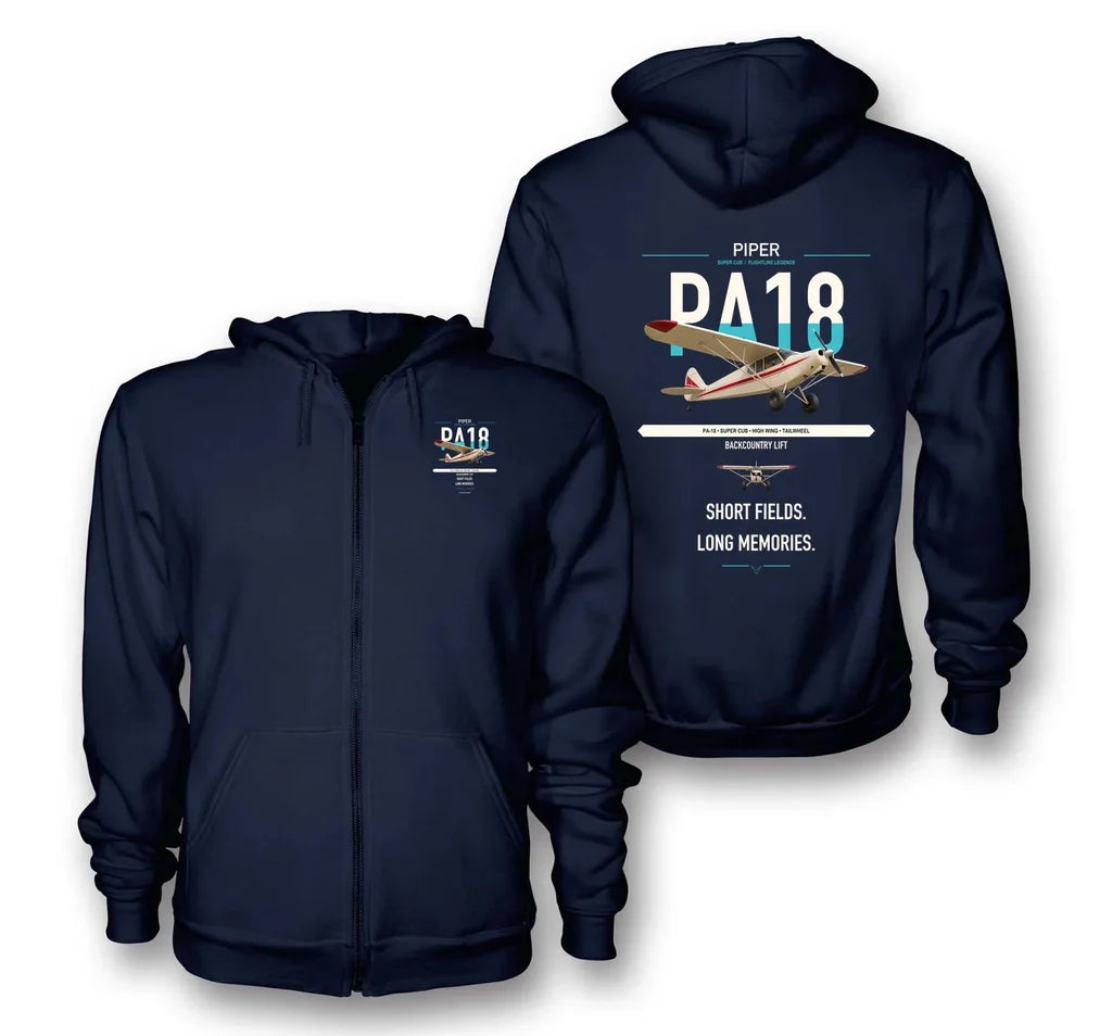 Piper PA-18 Super Cub design on navy blue premium zipped hoodie, double-side print