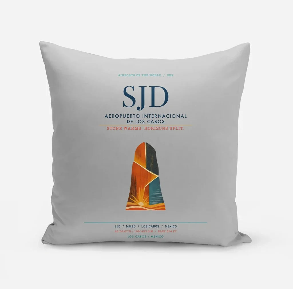 Aeropuerto Internacional de Los Cabos (SJD) design on light gray pillow