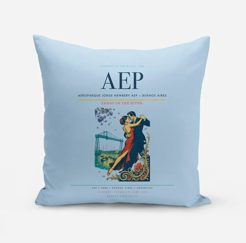 Aeroparque Jorge Newbery (AEP) design on light blue pillow