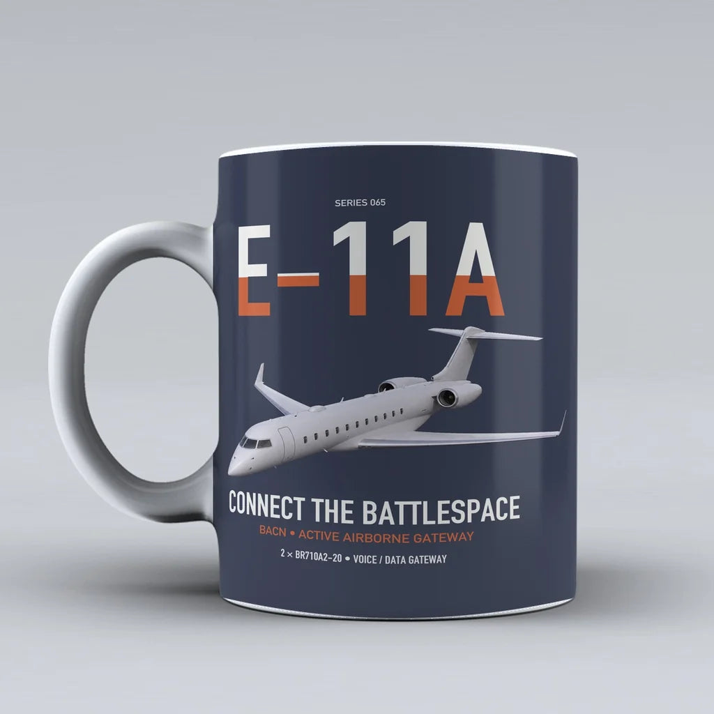 E-11A BACN design on dark blue ceramic mug, double-side print