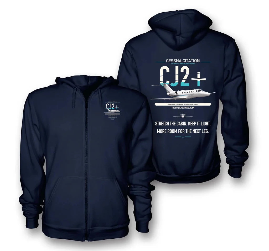 Cessna Citation CJ2+ design on navy blue premium zipped hoodie, double-side print