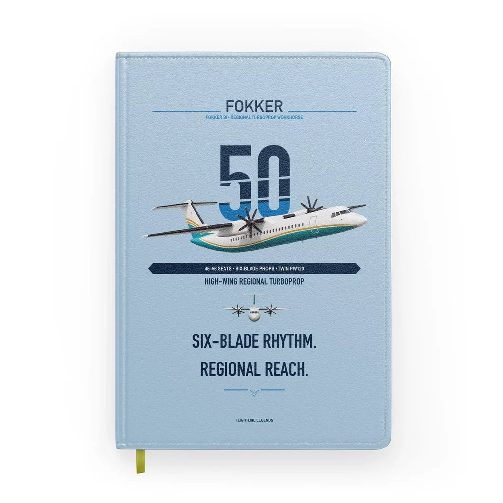 Fokker 50 design on light blue notebook