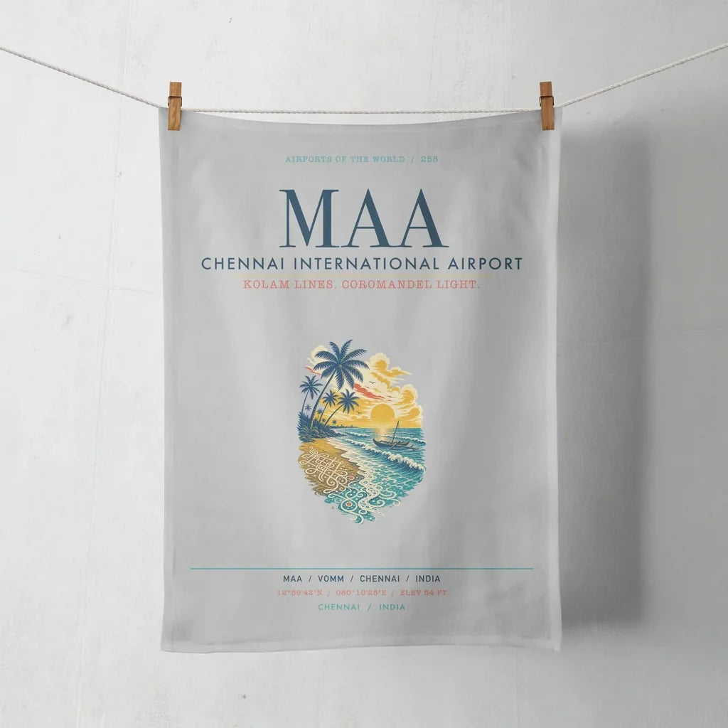 Chennai International Airport (MAA) design on light gray towel