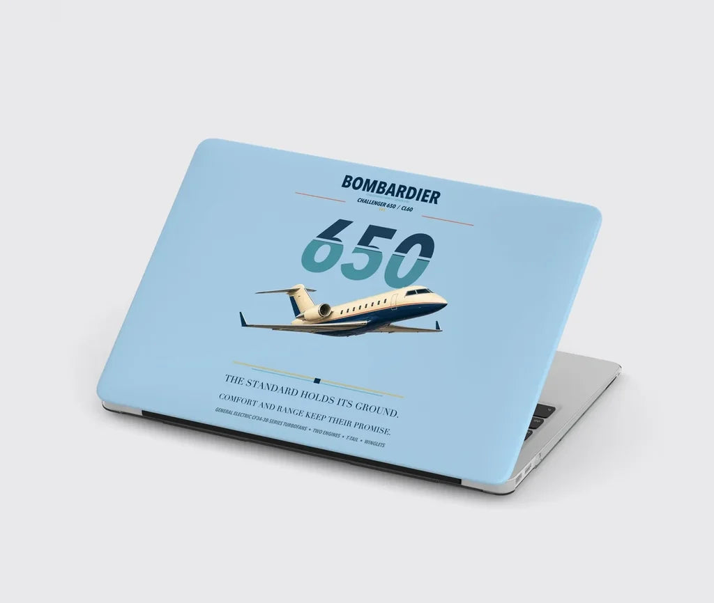 Bombardier Challenger 650 design on light blue MacBook case