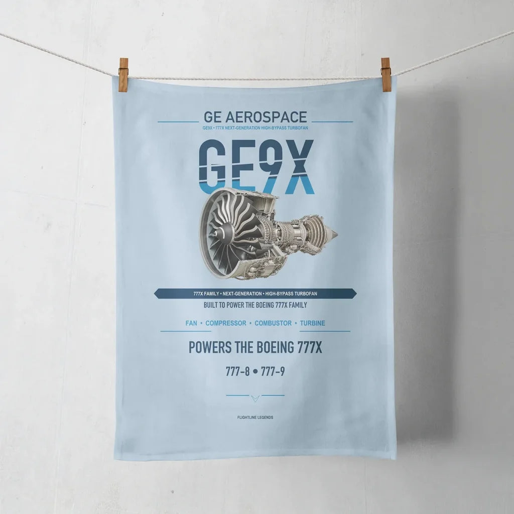 GE9X design on light blue towel