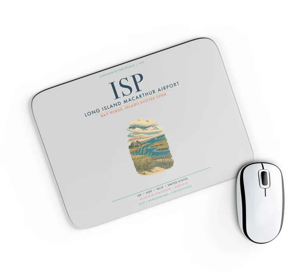 Long Island MacArthur Airport (ISP) design on light gray rectangle mouse pad