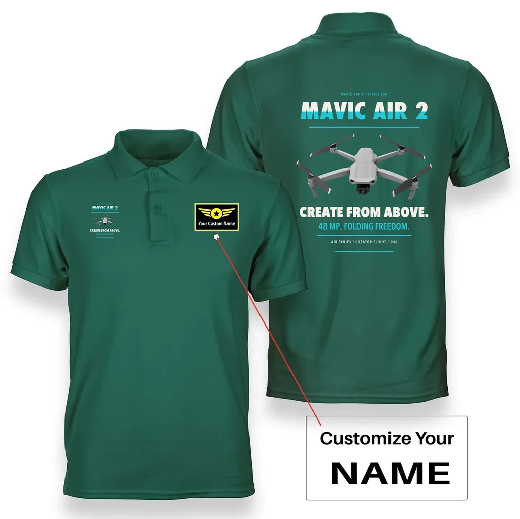 DJI Mavic Air 2 design on green polo with custom name badge