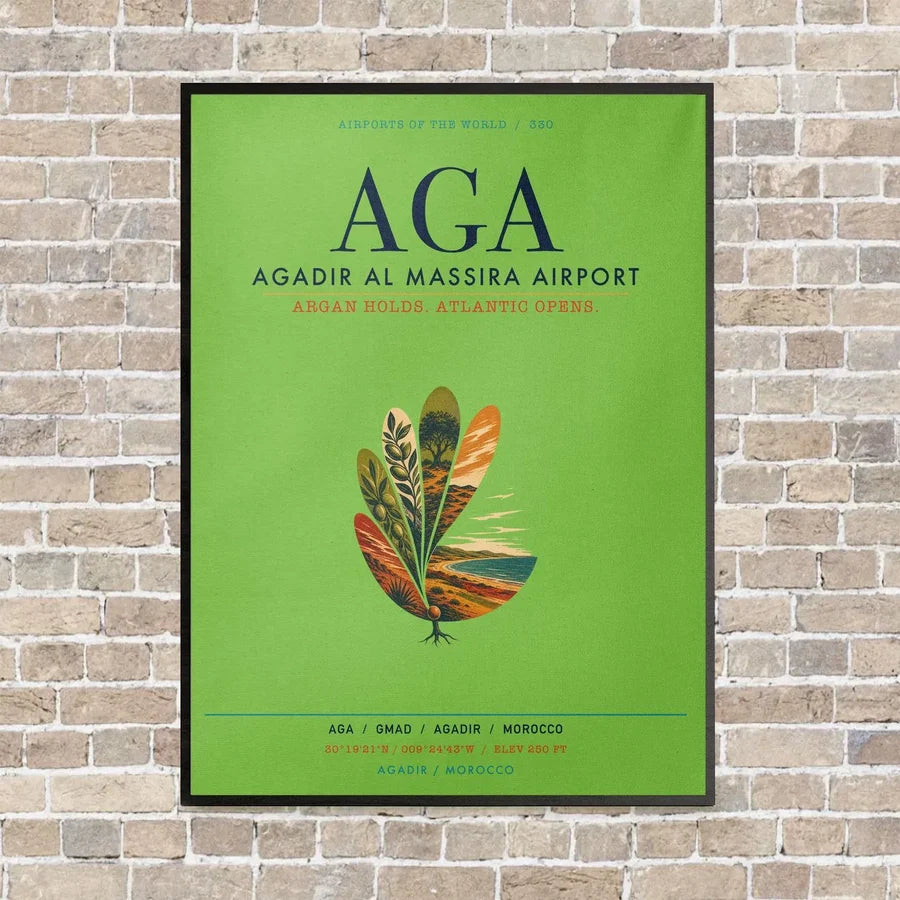 Agadir Al Massira Airport AGA vertical canvas print - framed - light green background