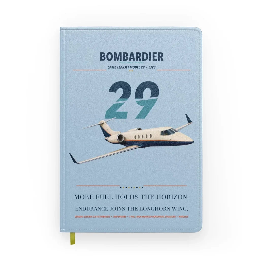 Bombardier Learjet 29 design on light blue notebook