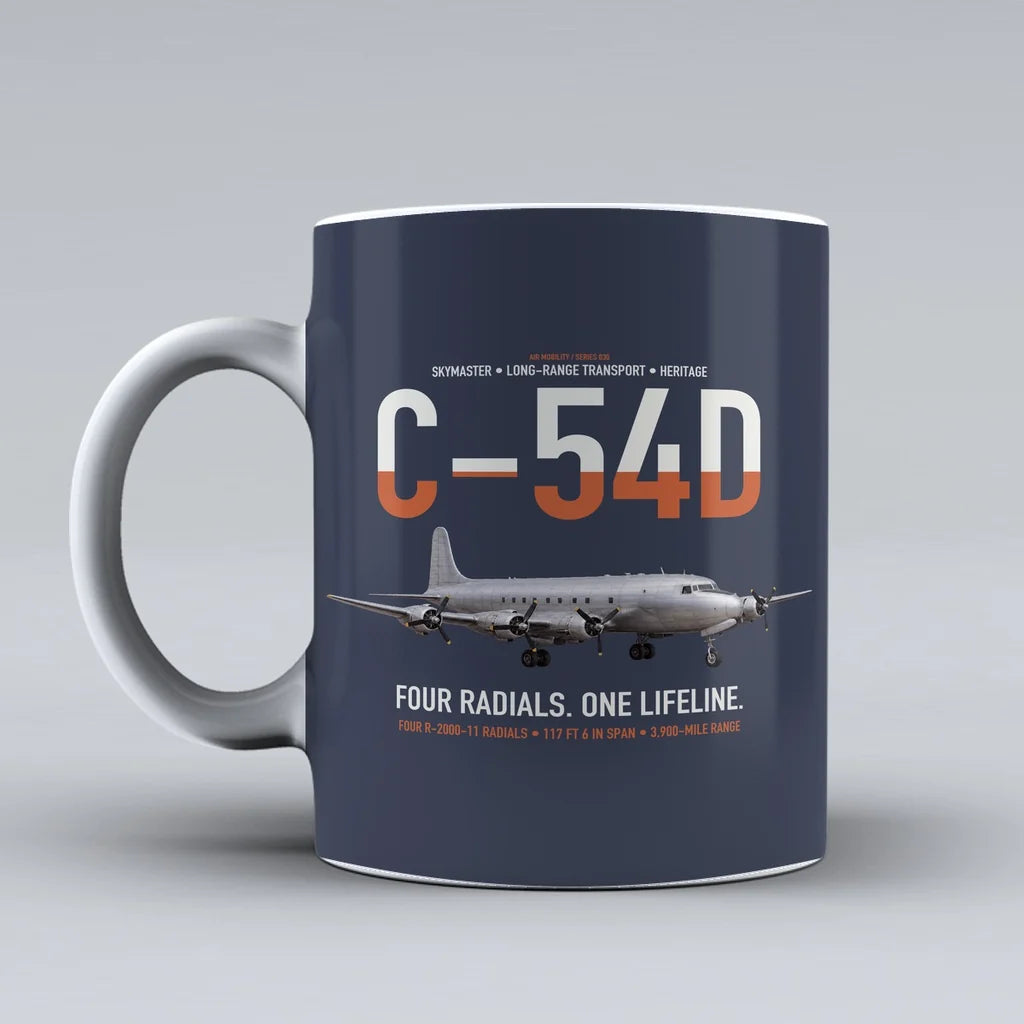 C-54D Skymaster design on dark blue ceramic mug, double-side print
