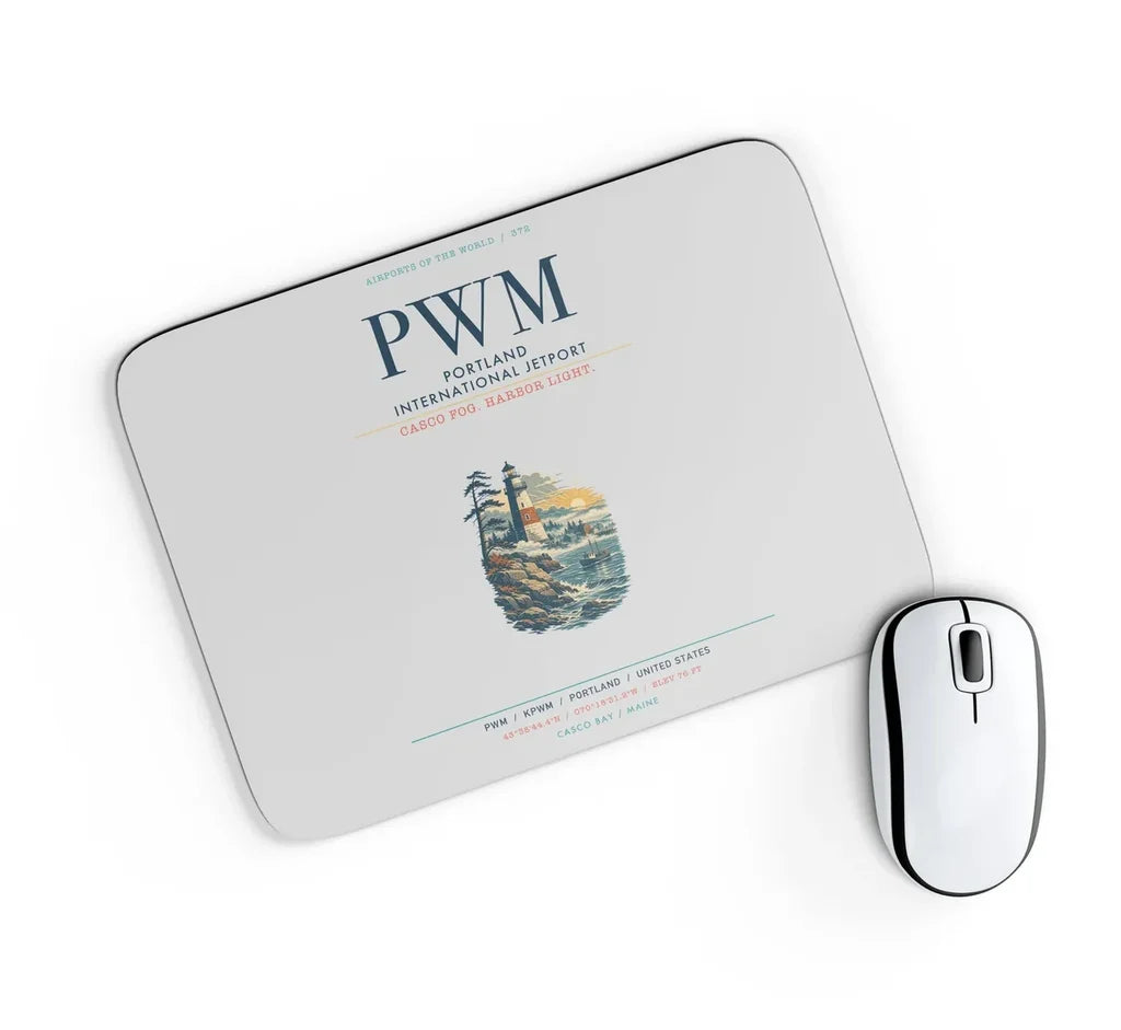Portland International Jetport (PWM) design on light gray rectangle mouse pad