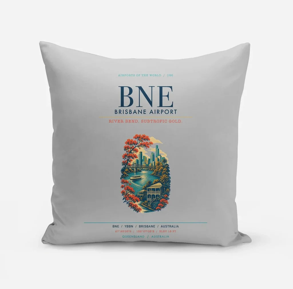 Brisbane Airport (BNE) design on light gray pillow