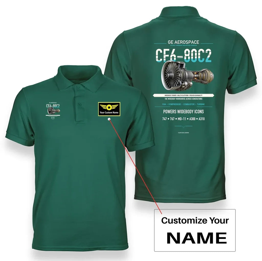 CF6-80C2 design on green polo with custom name badge